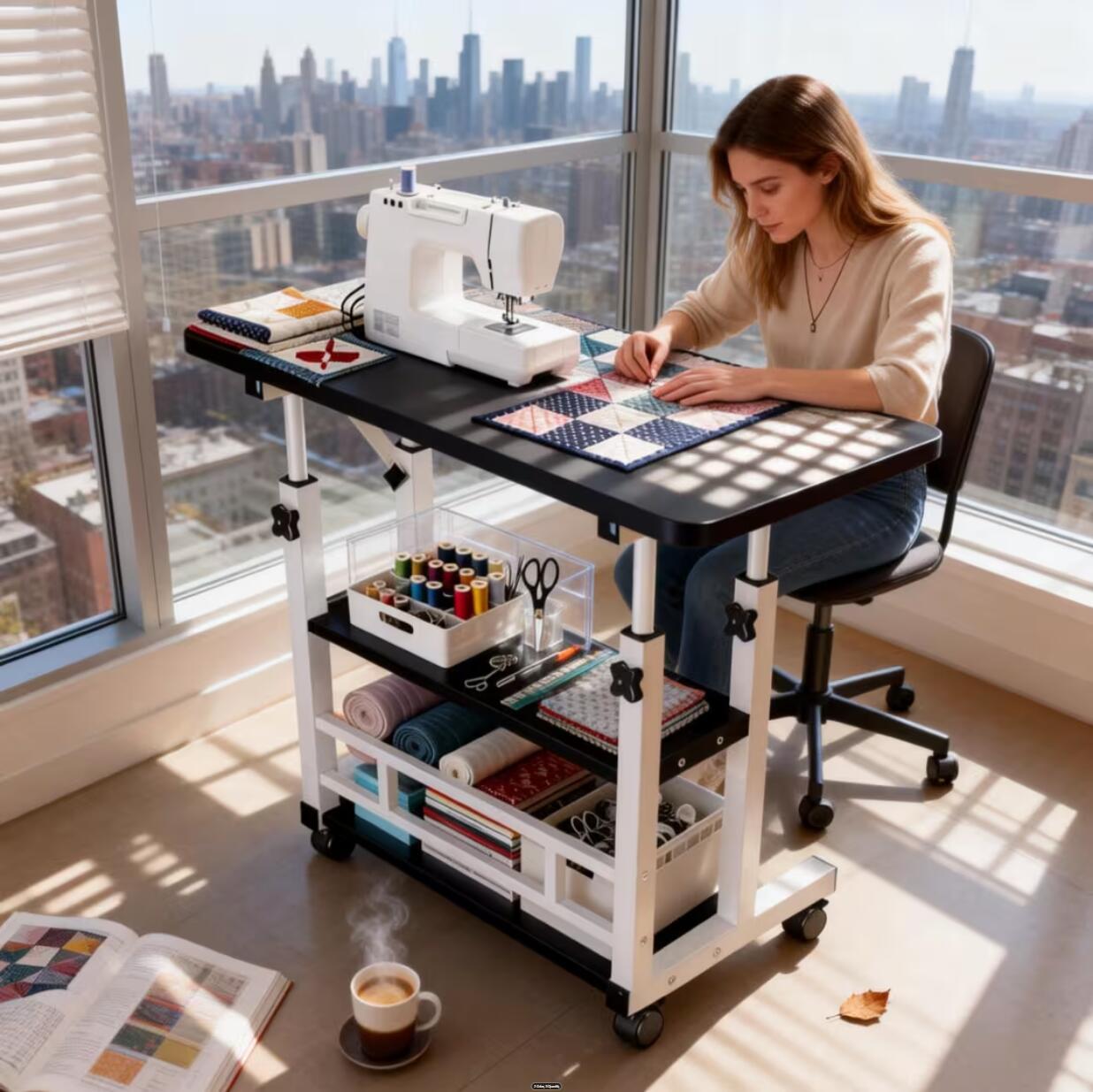 Adjustable Height Wheeled Mobile Table | Movable Multi-Purpose Side Table/Folding Table With Reinforced Frame And Lockable Wheels, Sewing Table With Lift Stand, Available In Black/White - Ideal For Bedrooms, Living Rooms, Studies, Small Spaces