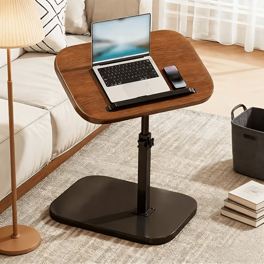 C-Shaped Tray Table Adjustable Height with Walnut Finish, Mobile Side Table for Sofa Couch Bed, Laptop Desk Snack Stand Nightstand for Living Room Bedroom Home Office, With or Without Wheels