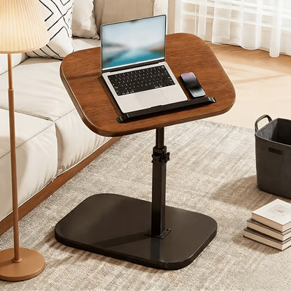 C-Shaped Tray Table Adjustable Height with Walnut Finish, Mobile Side Table for Sofa Couch Bed, Laptop Desk Snack Stand Nightstand for Living Room Bedroom Home Office, With or Without Wheels