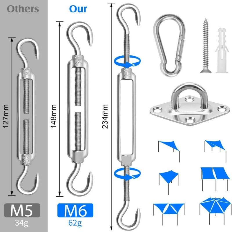 44 Pcs Shade Sail Hardware Kit, 6 Inch Outdoor Sun Sail Accessories, 304 Stainless Steel Turnbuckles & Brackets for Triangle/Rectangle Sails, Patio Canopy Installation Hardware Set Waterproof