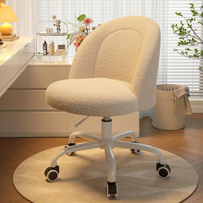 Vanity Chair With Lumbar Support, Adjustable Swivel Armless Desk Chair, Teddy Fleece, Compact For Small Spaces, Bedroom, Beige, Jelly Pink, White, Black, Grey