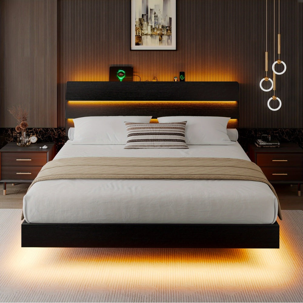 Floating Bed Frame with LED Lights Built-In Charging Station Wooden Headboard Heavy-Duty Metal Support Easy Assembly Bedroom Furniture