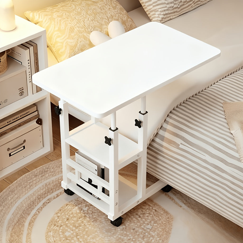 Over-bed Table with 2-layer Storage Rack- Mobile Bedside Table for Sofa, Bed and Bedroom, Versatile Nightstand, Suitable for Snacks, Laptop and Organizing Essentials(solid Metal Frame, Smooth Wheels, Space-saving Design)