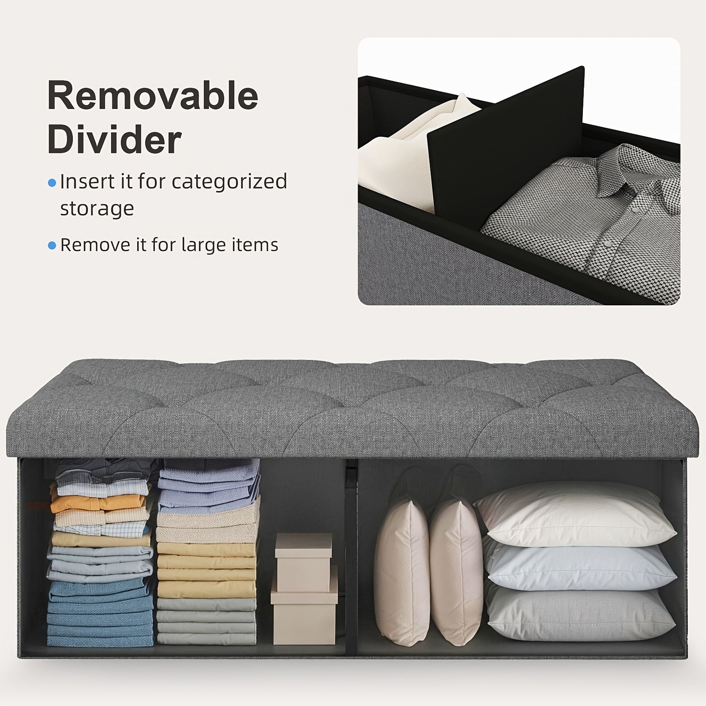 [Multi-Purpose Ottoman Bench] Heavy-Duty Multi-Purpose Folding Storage Ottoman Bench with Seat | Indoor/Outdoor, Space-Saving Design, Non-Porous Easy-Clean Surface - Perfect for Living Room, Bedroom, Patio, Garden Tool Storage - Gray Organizer Bench