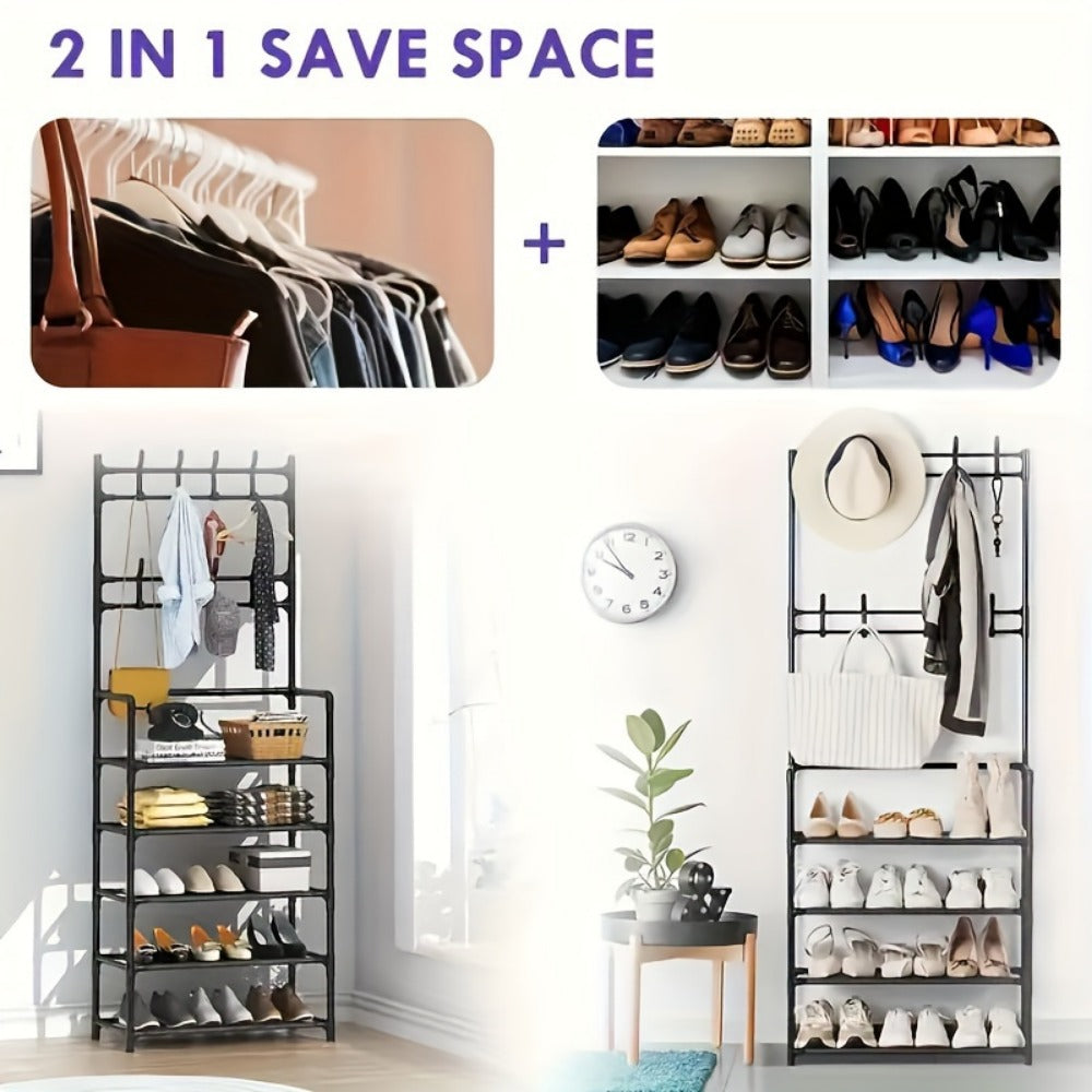 Metal Shoe Rack with Coat Hooks 5 or 10 Layer, Freestanding Shoe and Coat Organizer with Detachable Hooks for Entryway Hallway Apartment, Black White