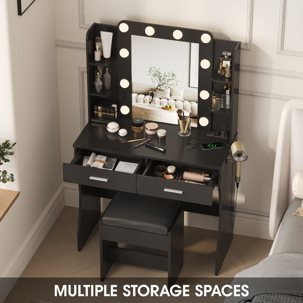 LED Vanity Desk with Lighted Mirror & Stool – 6-Drawer Makeup Dressing Table with 10+ LED Strip Lights | Plug-and-Play Modern Vanity for Bedroom, Dorm & Beauty Salon