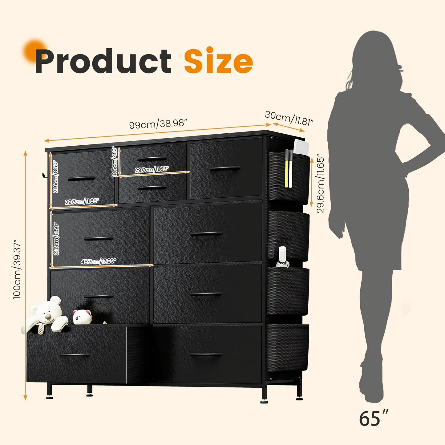 Black Storage Cabinet with Ten Drawers And Side Pockets, Ideal for Organizing Wardrobes in Bedrooms, Hallways, Living Areas, And More