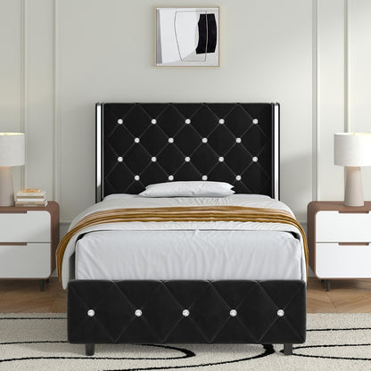 Diamond Tufted Bed Frame with Wingback Headboard & Silvery Side Wings – Upholstered, No Box Spring, Twin Full Queen King, 6 Colors