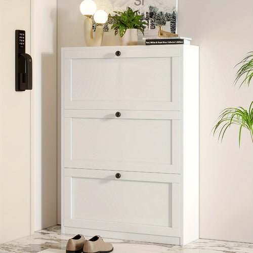 Shoe Cabinet with Flip Drawers & Adjustable Shelf | Narrow Entryway Shoe Storage Cabinet, Freestanding Hidden Shoe Organizer, 2 3 or 4 Drawer Options, White or Black, Space-Saving Hallway Furniture