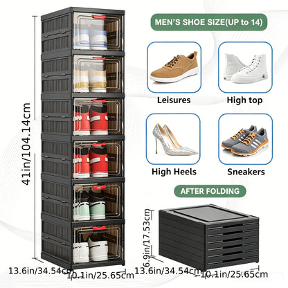 5/6-Tier Black Shoe Storage Cabinet for Household Shoe Organization, Foldable & Modular Design, Flip-Top Lid with Clear See-Through Window for Easy Access