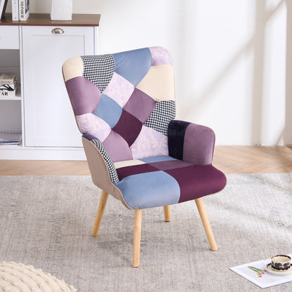 Patchwork Accent Chair High Back Armchair with Memory Foam Cushion & Hardwood Legs – 330 lbs Capacity Linen Upholstered Reading Chair for Living Room Bedroom Home Office, 6 Colors
