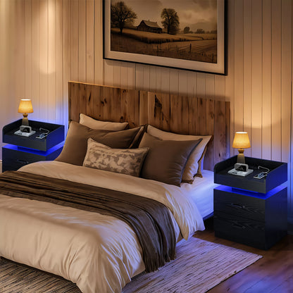 [LED Night Stand] Aerotier Decor, 1pc & 2pcs Black/White LED Night Stand With Charging Station, 1pc & 2pcs Bedroom Nightstand With 2 Drawers, LED Side Table For Bedroom & Living Room, Narrow Entryway Table, Smart Nightstand With Charging Station