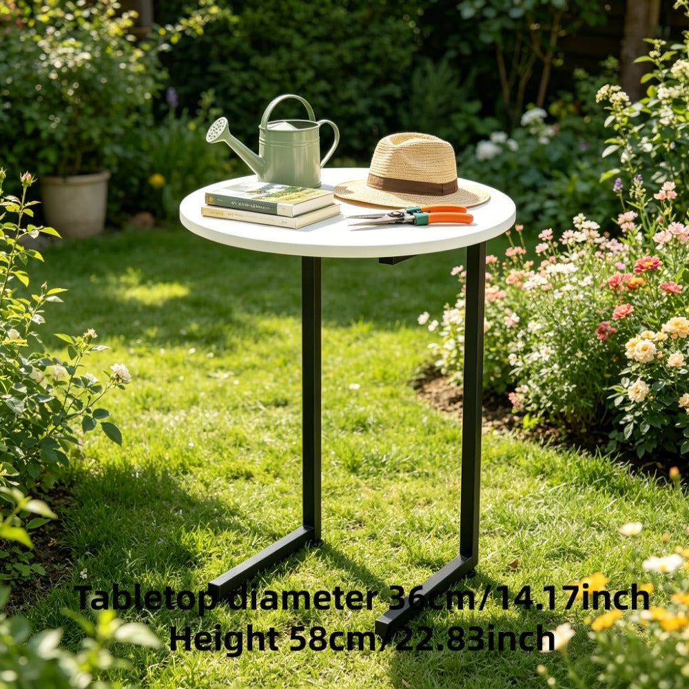 Round Outdoor Side Table with Double-Layer Storage Shelf – Marble Texture Imitation Stone Top, Sturdy Metal Frame, Weather-Resistant End Table for Balcony, Patio, Courtyard, Small Spaces (7 Colors)