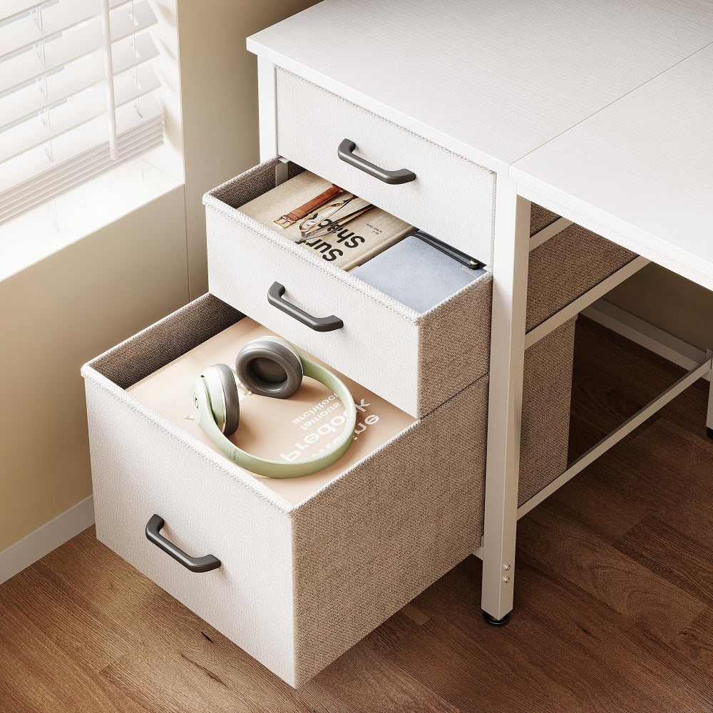 Computer Desk with 3 Fabric Drawers & Hook for Small Space – Home Office Writing Study Table with File Storage, 40"/48" White & Black Bedroom Desk