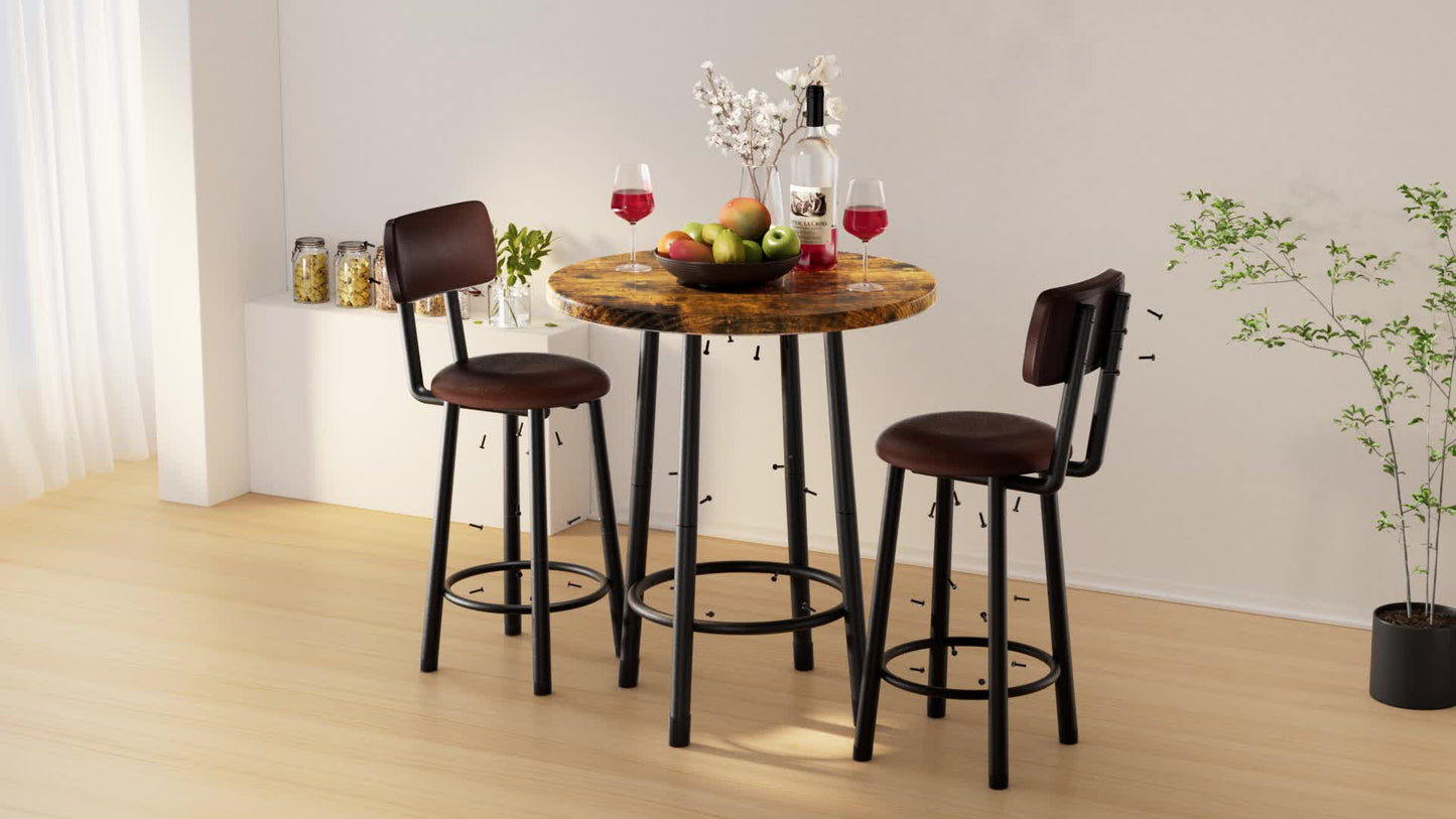 3-Piece Pub Dining Set for 2, Rustic Brown Counter Height Table with Wood Top and 2 Stools, Small Kitchen Table Set for Breakfast Nook, Apartment, Living Room or Bar