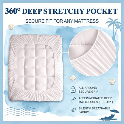 [Cooling Comfort Breathable] Queen Cooling Mattress Topper Suitable for Cooling Comfort Breathable Bed Cover, Soft Pillow Top Deep Pocket Mattress Pad Protector with Microfiber Cover, Machine Washable Temperature Regulation for Hot Sleepers, Layered