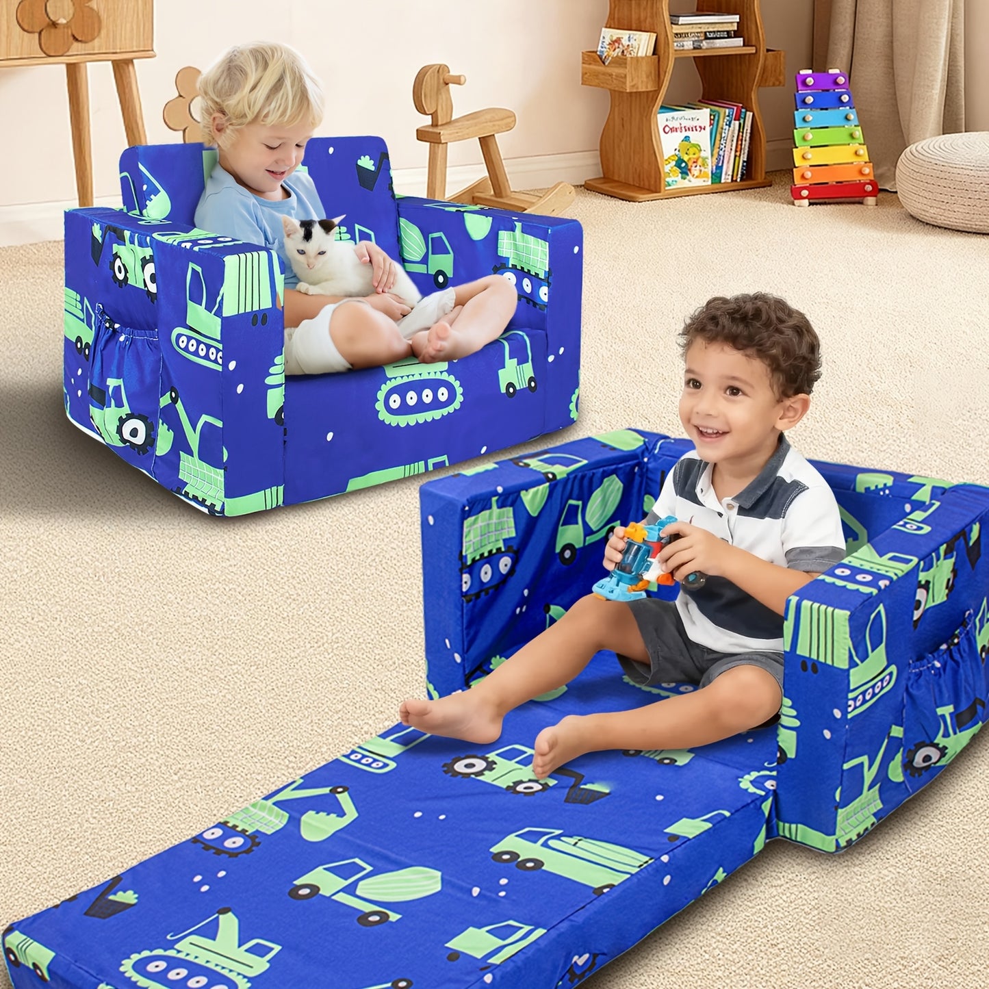 2-In-1 Kids Sofa, Fold-Out Soft Chair for Boys And Girls, Convertible Couch to Lounger, Ideal for Reading, Playing, And Living Room Decor