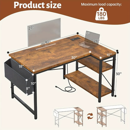 L-Shaped Computer Desk with Power Outlets and Storage Shelves, Corner Gaming Desk for Home Office Bedroom Dorm, Wood Metal Writing Study Desk with Monitor Stand in 3 Colors 4 Sizes
