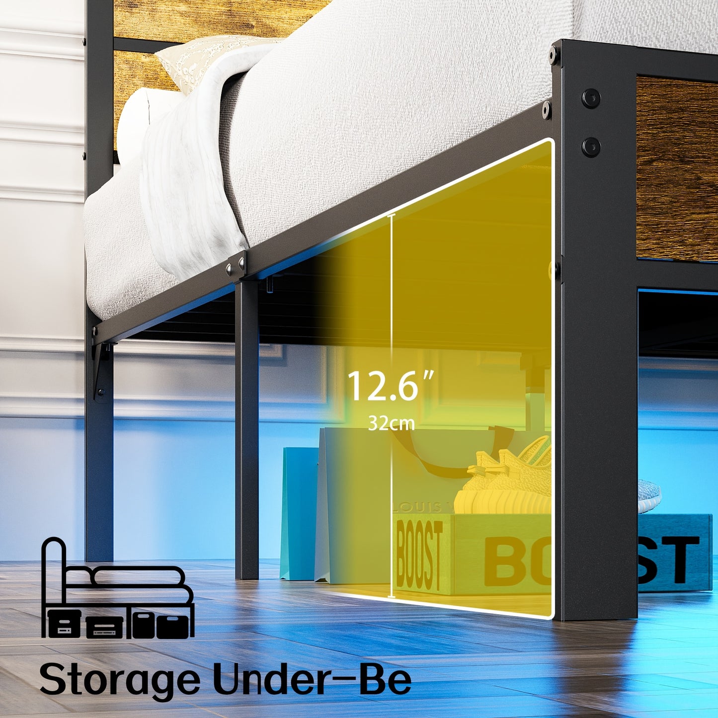 Metal Bed Frame with Headboard, Storage Shelves, LED Lights And Type-C Charging