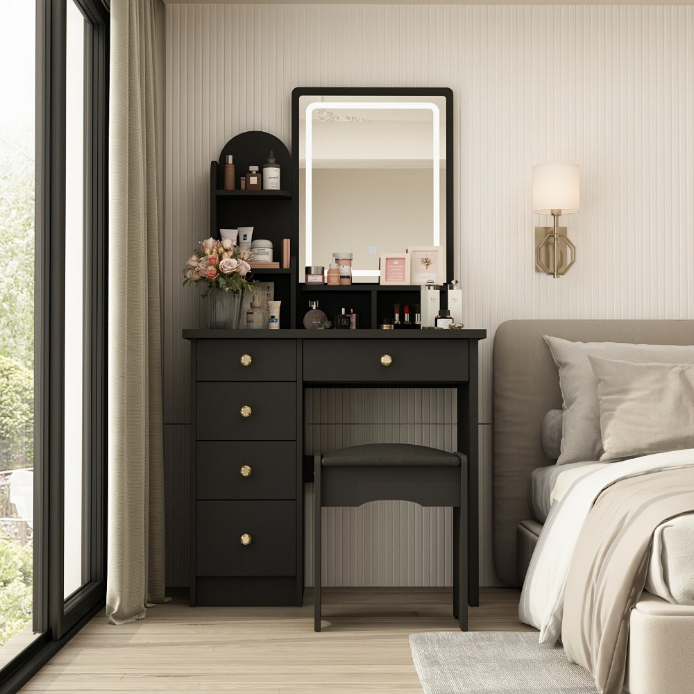 Vanity Desk Set with Large Mirror 5 Drawers Cushioned Stool and Storage Shelves 55 Inch Tall 70 Lbs Capacity Makeup Dressing Table with LED Light Option White Black
