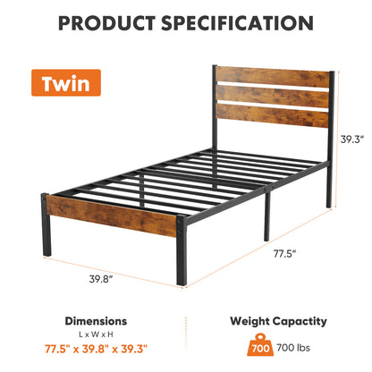 Metal Frame Bed Frame with Headboard, No Box Spring, Features Sturdy Wood Slats to Support 800 Lbs, Can Be Purchased Separately Or with a 2pcs Bedside Organizer (Fabric Drawer with 2 Storage Unit Compartments), Suitable for Bedroom, Living Room