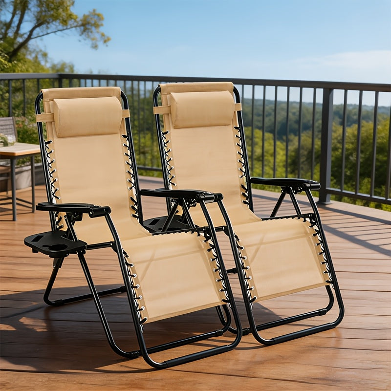 2pcs Zero Gravity Chairs, Outdoor Folding Recliner Lounge Chair, Breathable Fabric Adjustable Reclining Patio Chair With Cup Holder Trays & Headrest Pillow For Beach Camping Poolside Backyard Garden Lawn