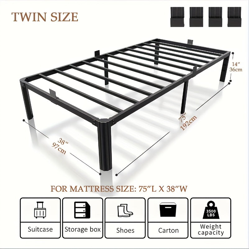 14 Inch Black Metal Bed Frame, King/Queen/Full/Twin Upgraded Rounded Fan-shaped Legs, 4 Mattress Limiters, 3500LBS Heavy-duty Steel Bars, No Need for Springs, No Noise, Reinforced Large Storage Space Below, Not Including Headboard, Easy to Assemble