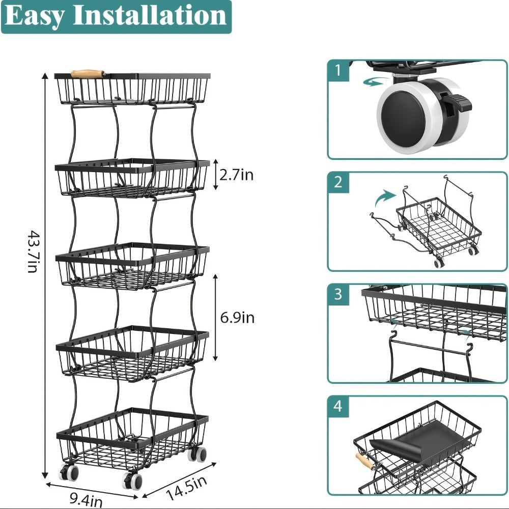 Stackable Metal Storage Cart with Wheels 4/5 Tier - Fruit Vegetable Basket Rotating Narrow Gap Corner Rack for Kitchen Pantry and Bathroom