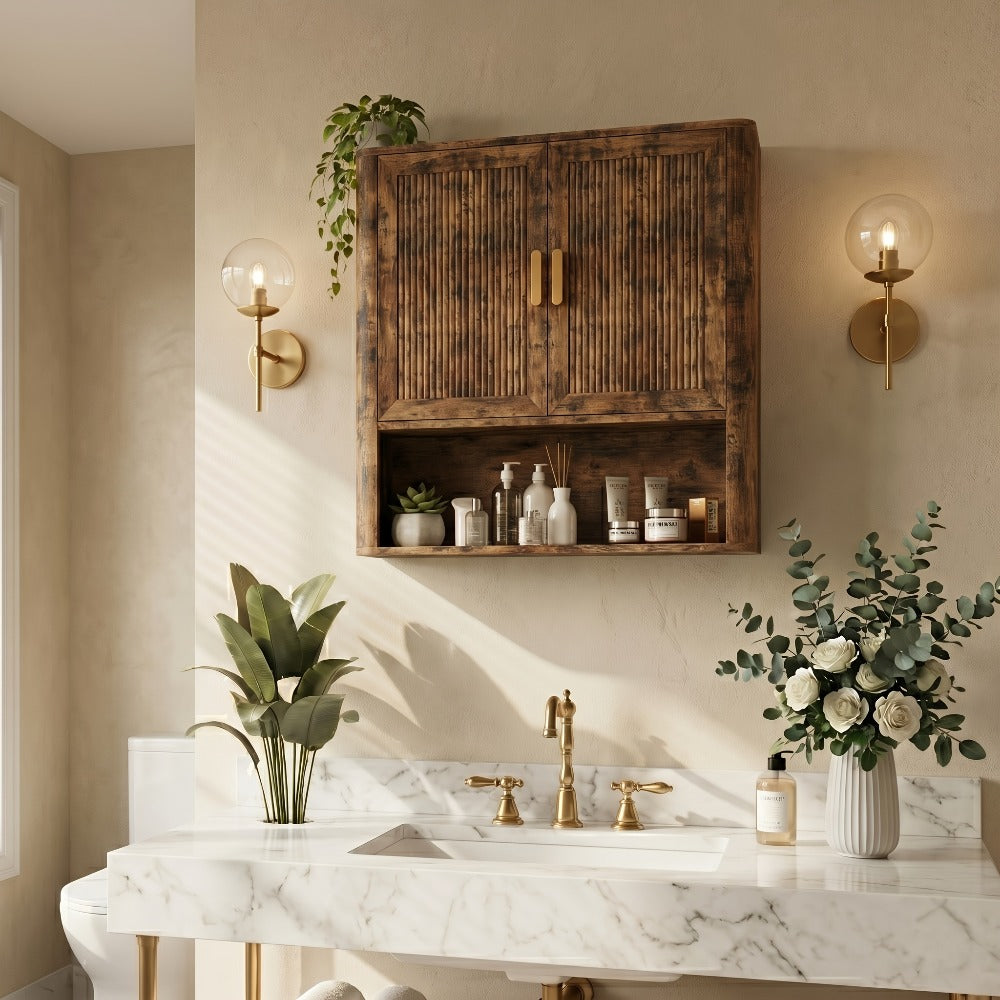 Modern Fluted Bathroom Wall Cabinet, 2-Door Medicine Cabinet with Golden Handles, Wall Mounted Storage Organizer Over The Toilet for Laundry Room & Kitchen