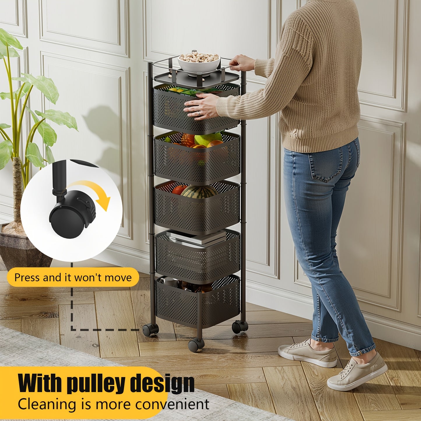 Rotating Kitchen Storage Shelf 5 Tier, Metal Fruit Vegetable Storage Basket Multi-Layer Vegetable Rack Storage Trolley on Wheels, Floor-Standing Basket for Kitchen Bathroom, Square