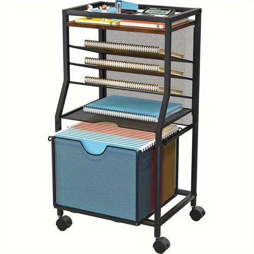 Rolling File Cart with Drawer for Hanging File Folders – Under Desk Office Cart with Paper Trays, Wood & Mesh 3-in-1 File Organizer, 14.8"L x 11.8"D x 27.7"H