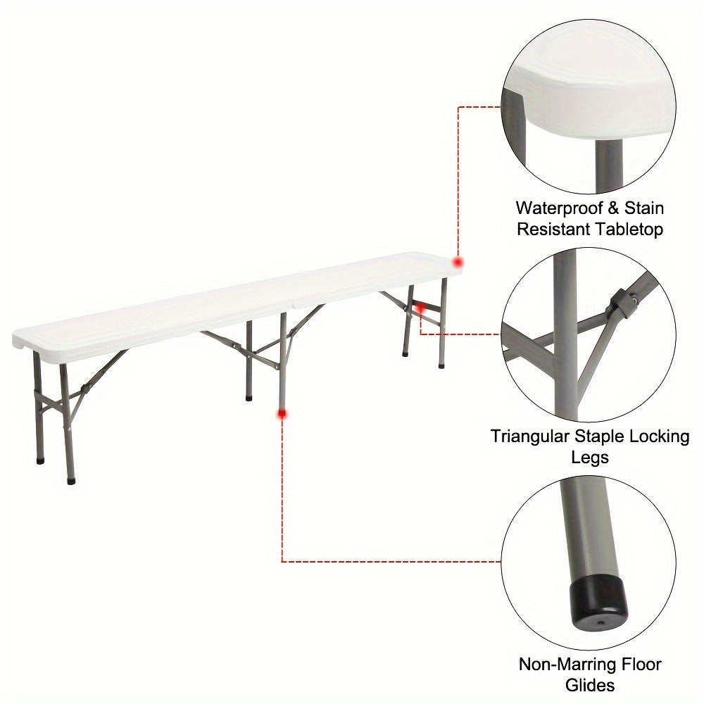 6ft Folding Plastic Bench – Collapsible Lightweight HDPE Seat for Indoor & Outdoor Use, Camping, Weddings, Picnics, Celebrations & Outdoor Gatherings, White & Coffee Brown