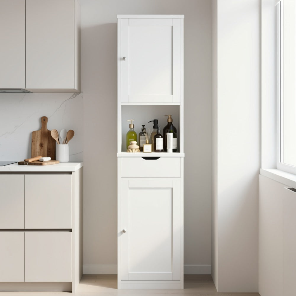 5-Tier Narrow Freestanding Storage Cabinet with 1 Drawer & 2 Doors White, Space-Saving Tower Shelf Floor Cabinet for Bathroom Kitchen Living Room Small Spaces