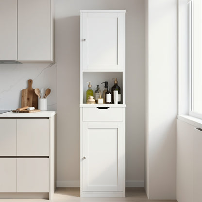 5-Tier Narrow Freestanding Storage Cabinet with 1 Drawer & 2 Doors White, Space-Saving Tower Shelf Floor Cabinet for Bathroom Kitchen Living Room Small Spaces