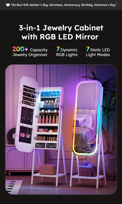 LED Jewelry Cabinet with Mirror Lockable Arched Floor Standing or Wall Hanging Jewelry Organizer for Necklaces Rings Earrings – USB Powered RGB Lights, White