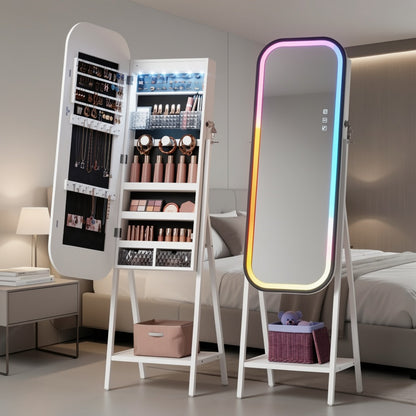LED Jewelry Cabinet with Mirror Lockable Arched Floor Standing or Wall Hanging Jewelry Organizer for Necklaces Rings Earrings – USB Powered RGB Lights, White