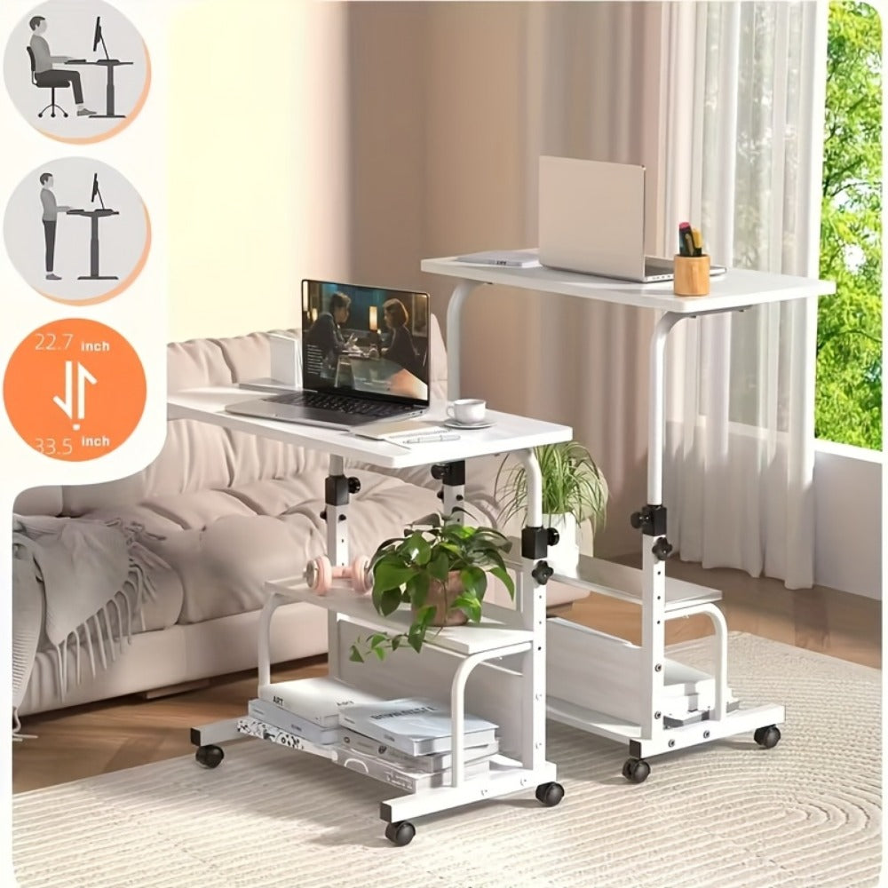 Mobile Computer Desk with Adjustable Height & Double-Layer Storage – Portable Gaming & Study Table for Students, Bedside Desk for Bedroom & Apartment