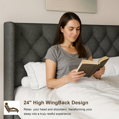 Valnase Modern Style Platform Bed Frame with 24"H Button Tufted Headboard, Solid Wood Slats Support, Artistic Legs Design - Dark Grey/Light Grey/Black Linen & White Velvet Options, Bed Frame for Home Bedroom