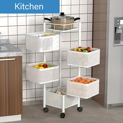 Five Layer Rotating Storage Rack, Metal Fruit And Vegetable Storage Basket, Multi-layer Vegetable Rack, Wheeled Storage Cart, Kitchen Bathroom Floor Standing Basket, Square, Suitable for Kitchen, Bathroom, And Garage Storage., Utility Shelves
