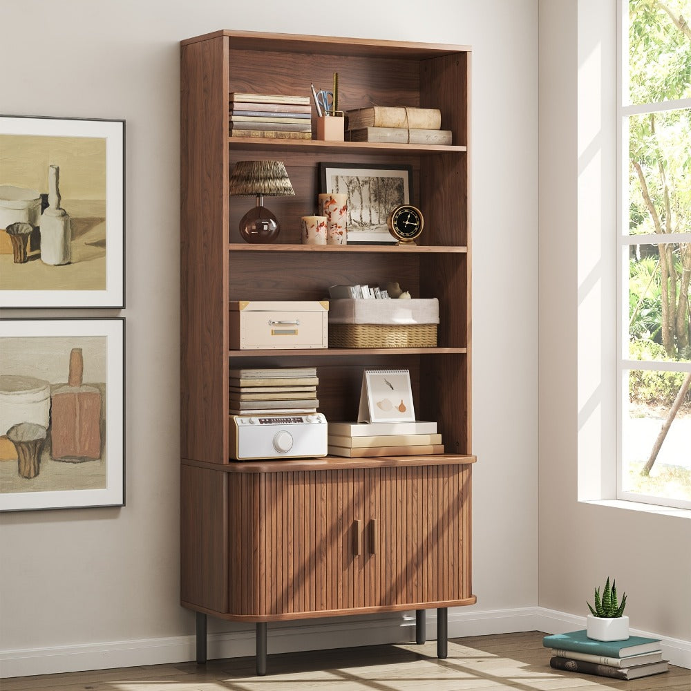 71 Inch Tall Bookcase with Sliding Doors 4 Shelves Storage Cabinet Adjustable Shelves Walnut Mid-Century Modern Home Office Living Room