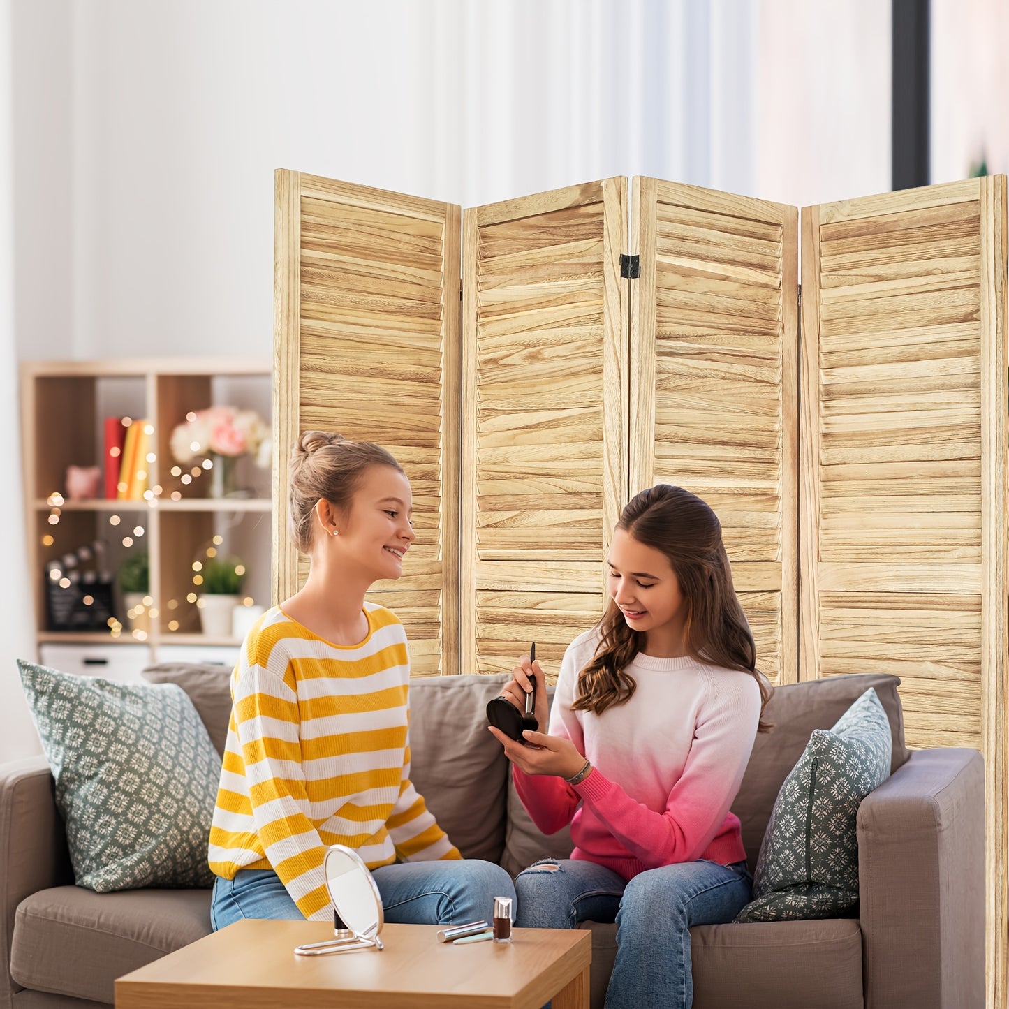Room Divider 4 Panel, White Room Divider with Shelves, Wall Room Dividers And Folding Privacy Screens, Portable Room Partitions And Dividers for Bedroom, Home Office