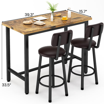3-Piece Pub Dining Set for 2, Rustic Brown Counter Height Table with Wood Top and 2 Stools, Small Kitchen Table Set for Breakfast Nook, Apartment, Living Room or Bar