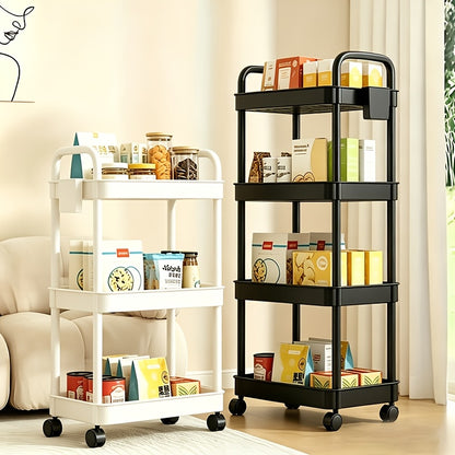 3/4/5-Tier Plastic Rolling Utility Cart with Handle, Multi-Functional Storage Trolley for Office, Living Room, Kitchen, Movable Storage Organizer with Wheels, White