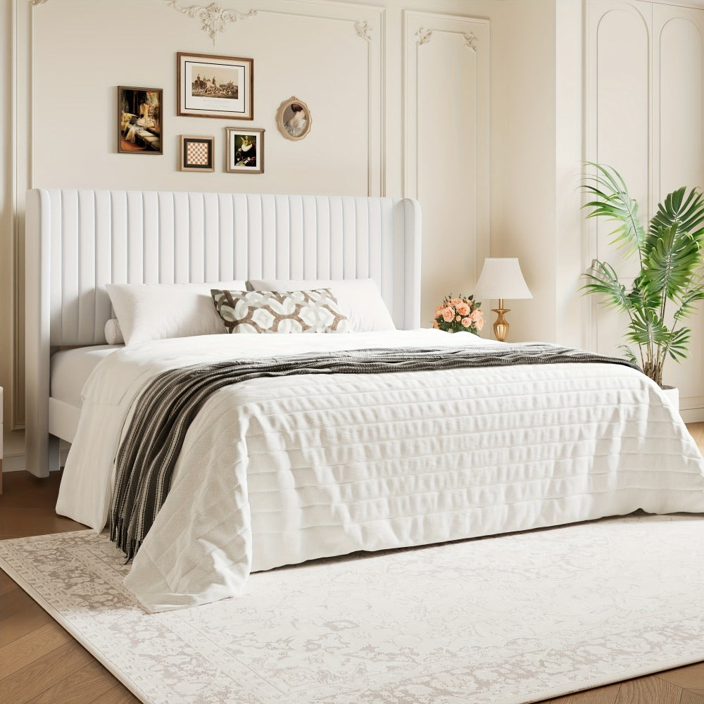 Velvet Wingback Platform Bed Frame with Channel Tufted Headboard – Wooden Slats, No Box Spring Needed, Heavy Duty, Full Queen King, 7 Colors