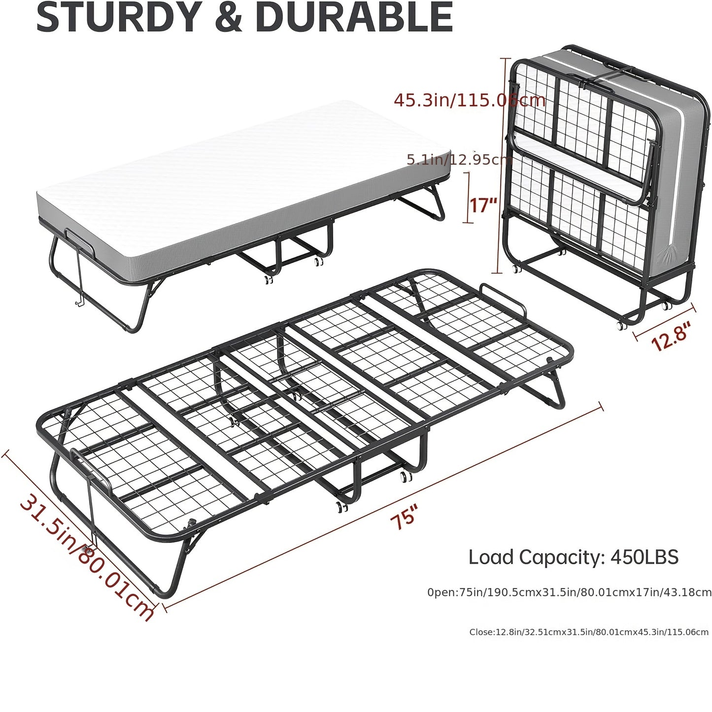 Compact & Durable 4-Section Folding Bed with Grey Fabric Cover - Sturdy Metal Frame, 75" x 31", Portable Roll-Away Design for Adults, Ideal for Guests, Students, Camping & Small Apartments, Garden Houses