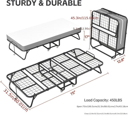 Compact & Durable 4-Section Folding Bed with Grey Fabric Cover - Sturdy Metal Frame, 75" x 31", Portable Roll-Away Design for Adults, Ideal for Guests, Students, Camping & Small Apartments, Garden Houses