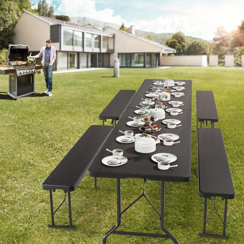 Bonnlo 6 Feet White/ Black Plastic Folding Benches for Outdoor Camping Dining Soccer Games Portable Picnic Party Seating with Smooth HDPE Tabletop 1 Pack/ 2 Pack Garden Patio Lawn Dining Benches Chairs