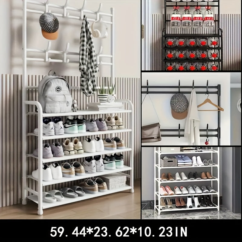 Black Metal Entrance Storage Rack with Hooks - Multi-Layer Shoe Racks, Hangers, And Household Storage - Perfect for Shoes, Hats, Bags, And Umbrellas - Stylish Modern Entrance Hallway Shelves, Shoe Rack Storage Boxes, Closet Organization Systems
