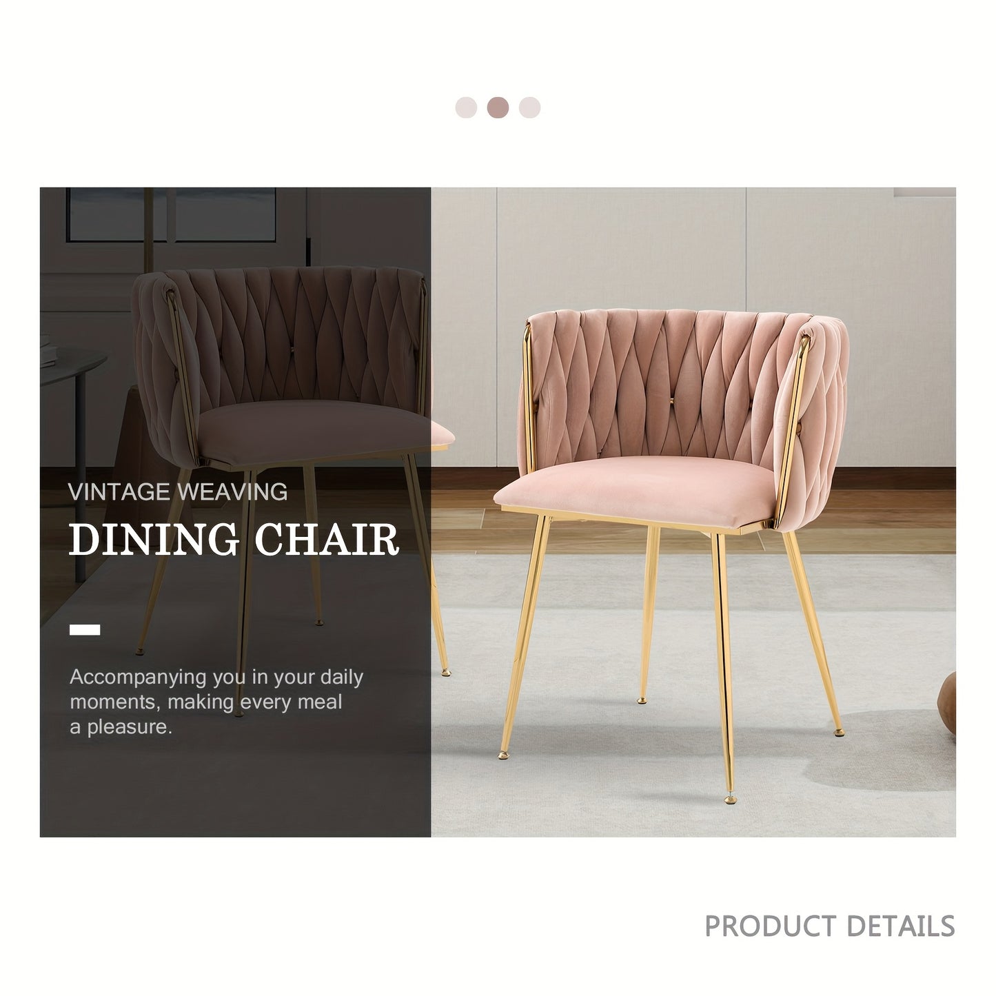 Velvet Dining Chairs Set of 2, Accent Chairs With Golden Metal Legs, Woven Upholstered, For Living Room/Bedroom/Kitchen