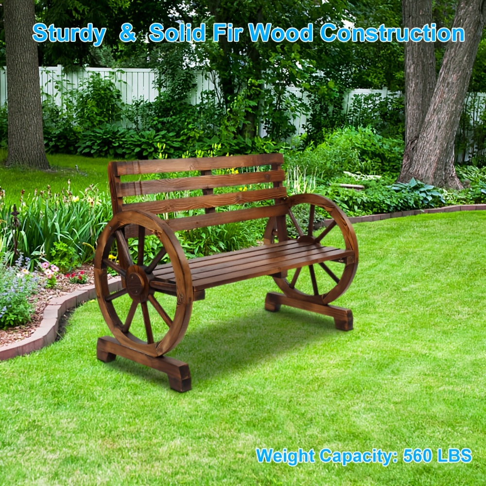 2-Person Outdoor Wooden Wagon Wheel Bench with Slatted Seat And Backrest Brown Suitable for Patio Outdoor, Garden, Poolside, Family Gathering, Outdoor Camping, Perfect Christmas Gift Men's Gift